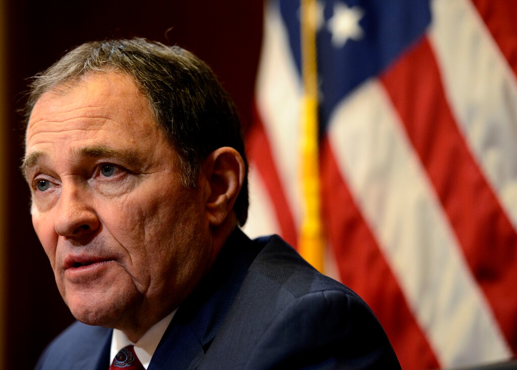 (Steve Griffin  |  The Salt Lake Tribune)  Gov. Gary Herbert talks with the media during his press availability at the State capitol in Salt Lake City Thursday Feb. 15, 2018.