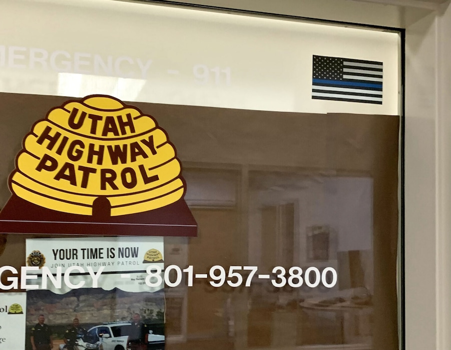 (Will Stamp  |  Amplify Utah) A sticker with the Thin Blue Line flag — a simple seen by some as support for law enforcement, and by others as an emblem that has been adopted by white nationalists — was seen on the window of the safety office of Salt Lake Community College's South City campus. The sticker was later removed.