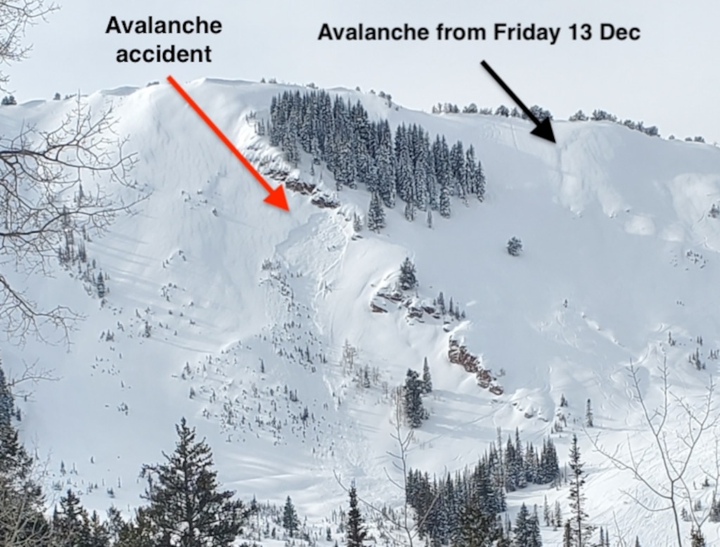 (Photo courtesy of the Utah Avalanche Center) The photo shows the location of an avalanche that killed a snowboarder on Sunday, Dec. 15 in the Dutch Draw area near Park City Mountain Resort.