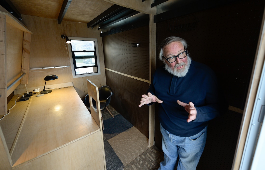 (Francisco Kjolseth | The Salt Lake Tribune) Small-home architect Jeff White gives a tour of his prototype Toaster House parked in South Salt Lake on Wednesday, Oct. 2, 2019. Toaster, an acronym for temporary, orderly, affordable, safe, transportable, effective and respectful, aims to help address a possible gap in homelessness services. He envisions the temporary, 60 square-foot spaces as a way to stabilize people and move them into permanent supportive housing in conjunction with Salt Lake City's homeless outreach team.