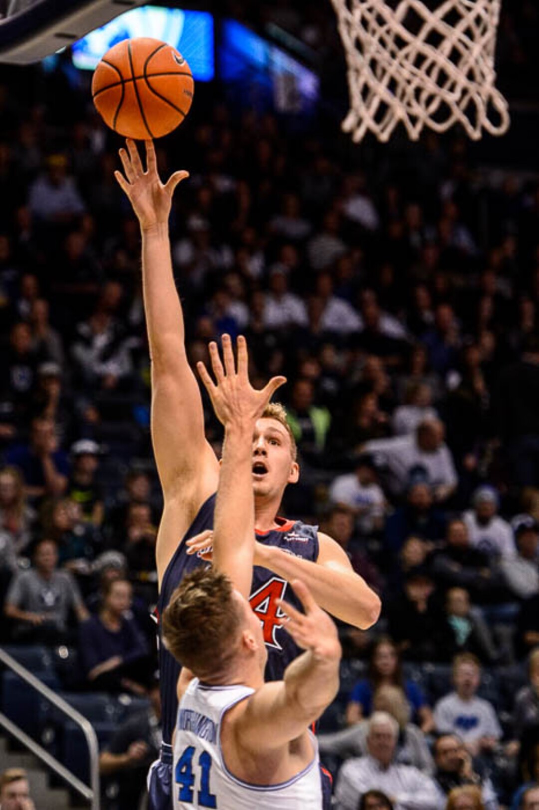 (Trent Nelson | The Salt Lake Tribune)   St. Mary's Gaels center Jock Landale (34) shoots over Brigham Young Cougars forward Luke Worthington (41) as BYU hosts the St. Mary's Gaels, NCAA basketball in Provo, Saturday December 30, 2017.