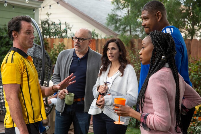(Photo courtesy Michael Yarish/CBS) Walton Goggins (left), Rob Corddry, Michaela Watkins, Omar Benson and Maya Lynne Robinson star in “The Unicorn.”