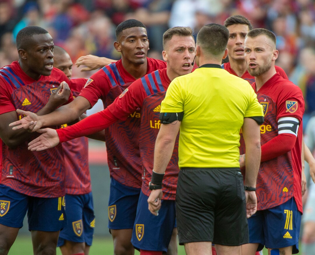 (Rick Egan  |  The Salt Lake Tribune)   Real Salt Lake plead with the official, as New York Red Bulls midfielder Cristian Casseres Jr (23) takes his time getting up, in MLS acton between Real Salt Lake and the New York Red Bulls at Rio Tinto Stadium, Saturday, March 7, 2020.