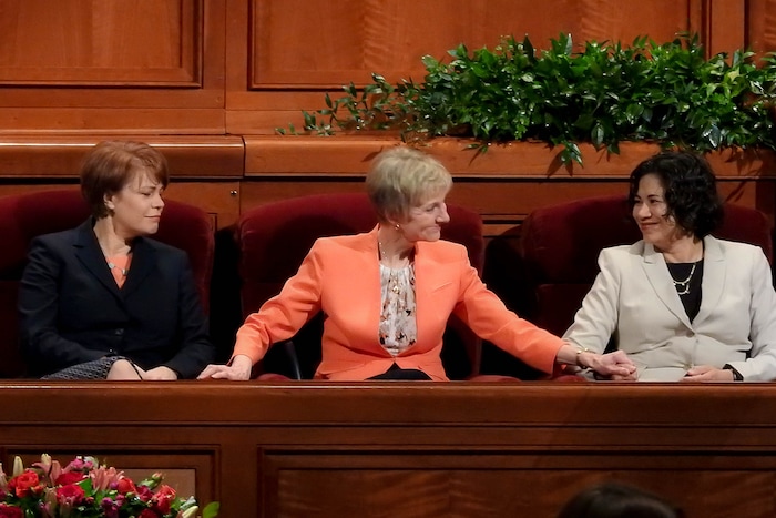 (Trent Nelson | The Salt Lake Tribune)  Relief Society General President Jean B. Bingham, center, with her counselors Sharon Eubank and Reyna I. Aburto, at the General Women's Session of the 187th Semiannual General Conference of the The Church of Jesus Christ of Latter-day Saints, in Salt Lake City, Saturday September 23, 2017.