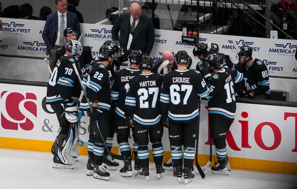 (Bethany Baker  |  The Salt Lake Tribune) Utah Hockey Club take a timeout during the third period of the game at Delta Center in Salt Lake City on Friday, Nov. 15, 2024.