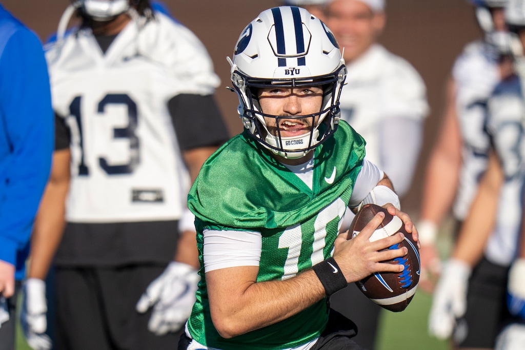(Rick Egan | The Salt Lake Tribune)  BYU QB, Treyson Bourguet (10), at spring practice, on Thursday, Feb 27, 2025.