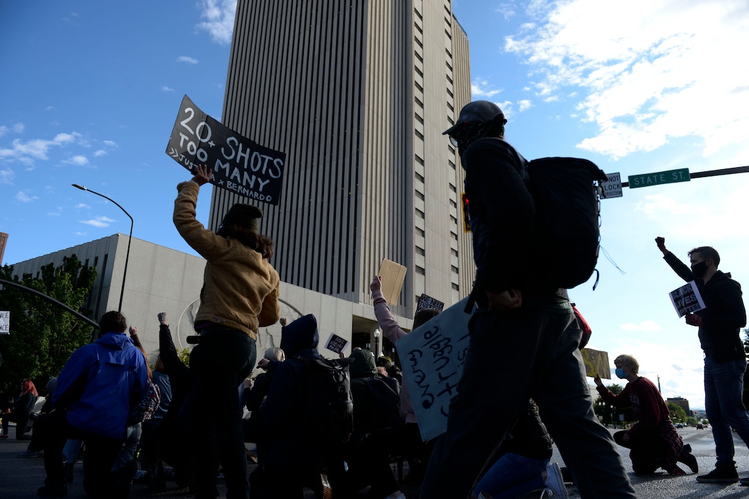 (Leah Hogsten  |  The Salt Lake Tribune) Demonstrators marched from the Utah Capitol down State Street, stopping at every intersection for five minutes in honor of George Floyd, June 8, 2020.