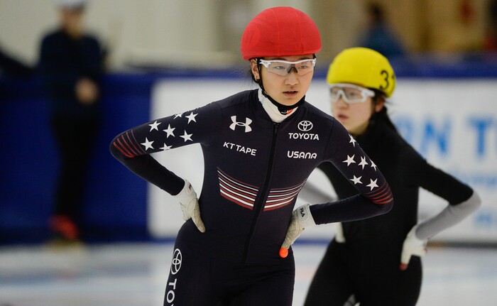 (Francisco Kjolseth  |  The Salt Lake Tribune) Hailey Choi competes in the 2000 meter mixed semifinal relay race as part of the U.S. Short Track Speedskating championships on Friday, Jan. 3, 2020, at the Utah Olympic Oval in Kearns.