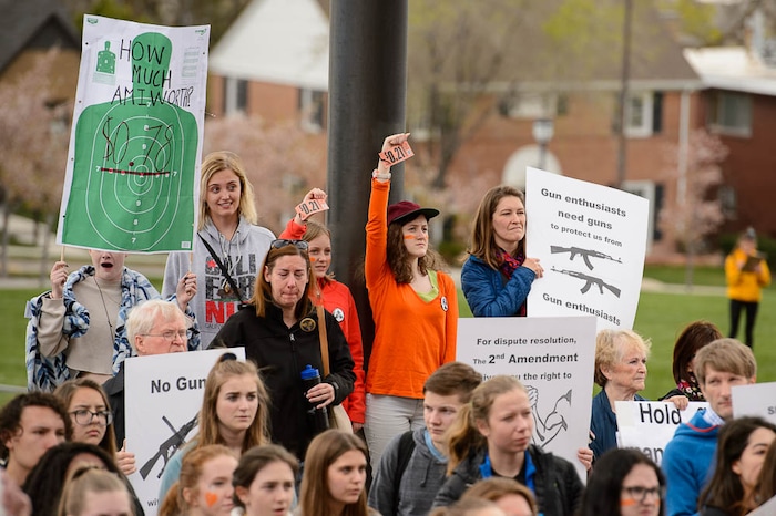 (Trent Nelson | The Salt Lake Tribune)  
High school students gathered at the Utah State Capitol in Salt Lake City to mark the anniversary of the Columbine High School massacre and call for action against gun violence, Friday April 20, 2018.