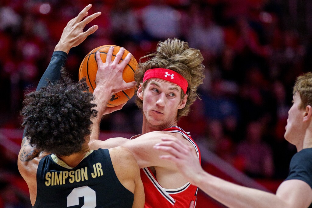 (Trent Nelson  |  The Salt Lake Tribune) Utah Utes center Branden Carlson (35) as Utah hosts Colorado, NCAA basketball in Salt Lake City on Saturday, Feb. 11, 2023.