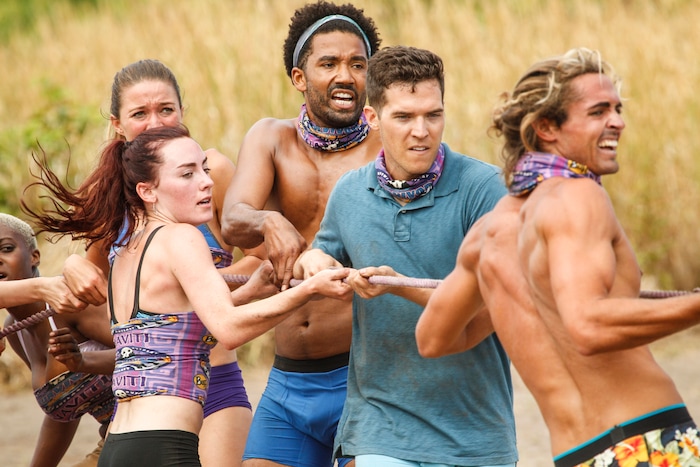 (Photo courtesy Robert Voets/CBS) Former Utah Jazz dancer Chelsea Townsend (left, front) competes in a challenge in the premiere of “Survivor: Ghost Island.”