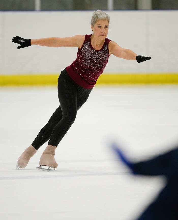 (Francisco Kjolseth  |  The Salt Lake Tribune)  Beth Putnam, 69, of Daytona Beach, FL, a bronze class 5 skater takes to the ice for a practice session as she gets ready to compete in the 2019 U.S. Adult Figure Skating Championships, now in its 25th year, being held at the SLC Sports Complex. Over 600 skaters between 21 and 80 will compete April 3-6.