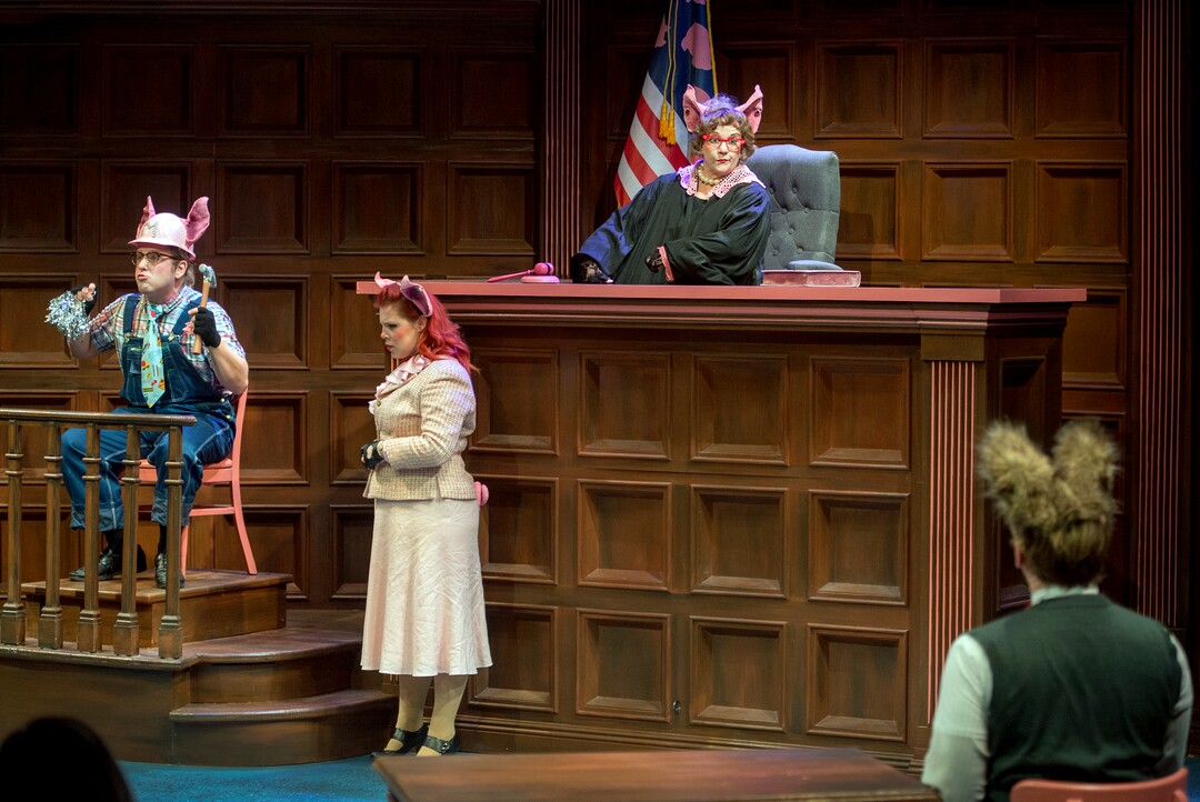(Leah Hogsten  |  The Salt Lake Tribune) From peft, Maxwell played by Trevor B. Dean, Julia played by Becky Jeanne, The Honorable Prudence played by Betsy West and Alexander T. Wolf played by Derek Gregerson during Salt Lake Acting Company's annual children's show, "The True Story of the 3 Little Pigs," running through Dec. 29.