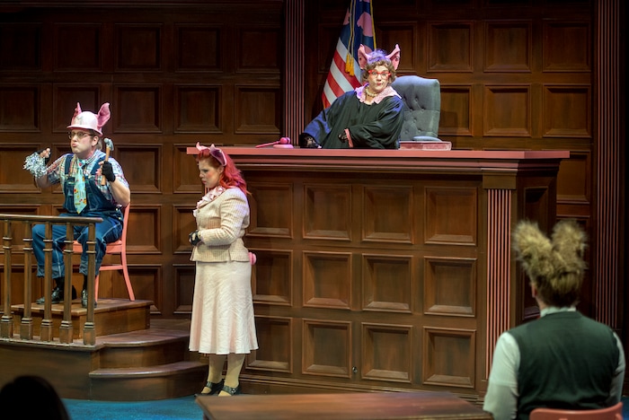 (Leah Hogsten | The Salt Lake Tribune) From peft, Maxwell played by Trevor B. Dean, Julia played by Becky Jeanne, The Honorable Prudence played by Betsy West and Alexander T. Wolf played by Derek Gregerson during Salt Lake Acting Company's annual children's show, "The True Story of the 3 Little Pigs," running through Dec. 29.