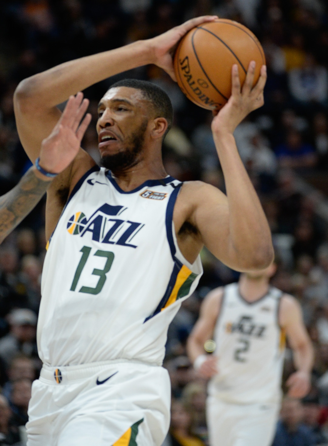 (Francisco Kjolseth  |  The Salt Lake Tribune) Utah Jazz center Tony Bradley (13) looks for an opening as the Utah Jazz host the Denver Nuggets in their NBA basketball game at Vivint Smart Home Arena in Salt Lake City on Wednesday, Feb. 5, 2020.