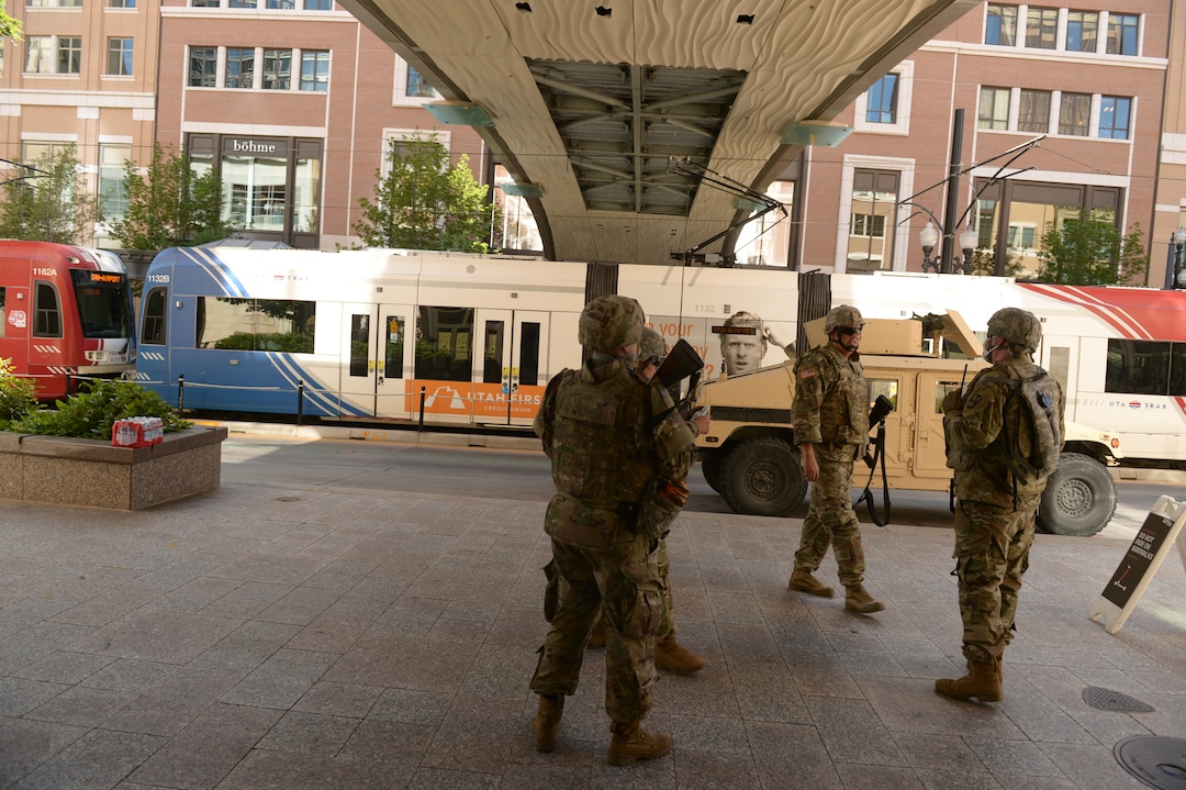 (Leah Hogsten  |  The Salt Lake Tribune)  Utah National Guard soldiers patrol City Creek on Monday, June 1, 2020.