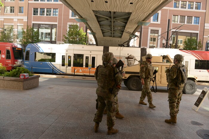 (Leah Hogsten  |  The Salt Lake Tribune)  Utah National Guard soldiers patrol City Creek on Monday, June 1, 2020.