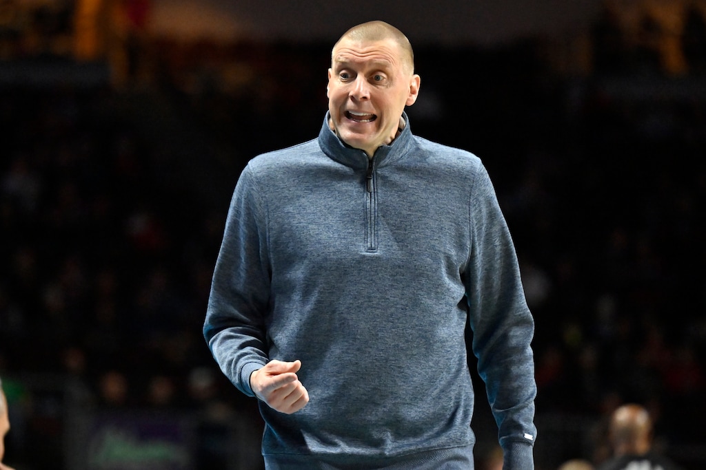 BYU head coach Mark Pope looks on during the first half of an NCAA college basketball game against Saint Mary's in the semifinals of the West Coast Conference men's tournament Monday, March 6, 2023, in Las Vegas. (AP Photo/David Becker)