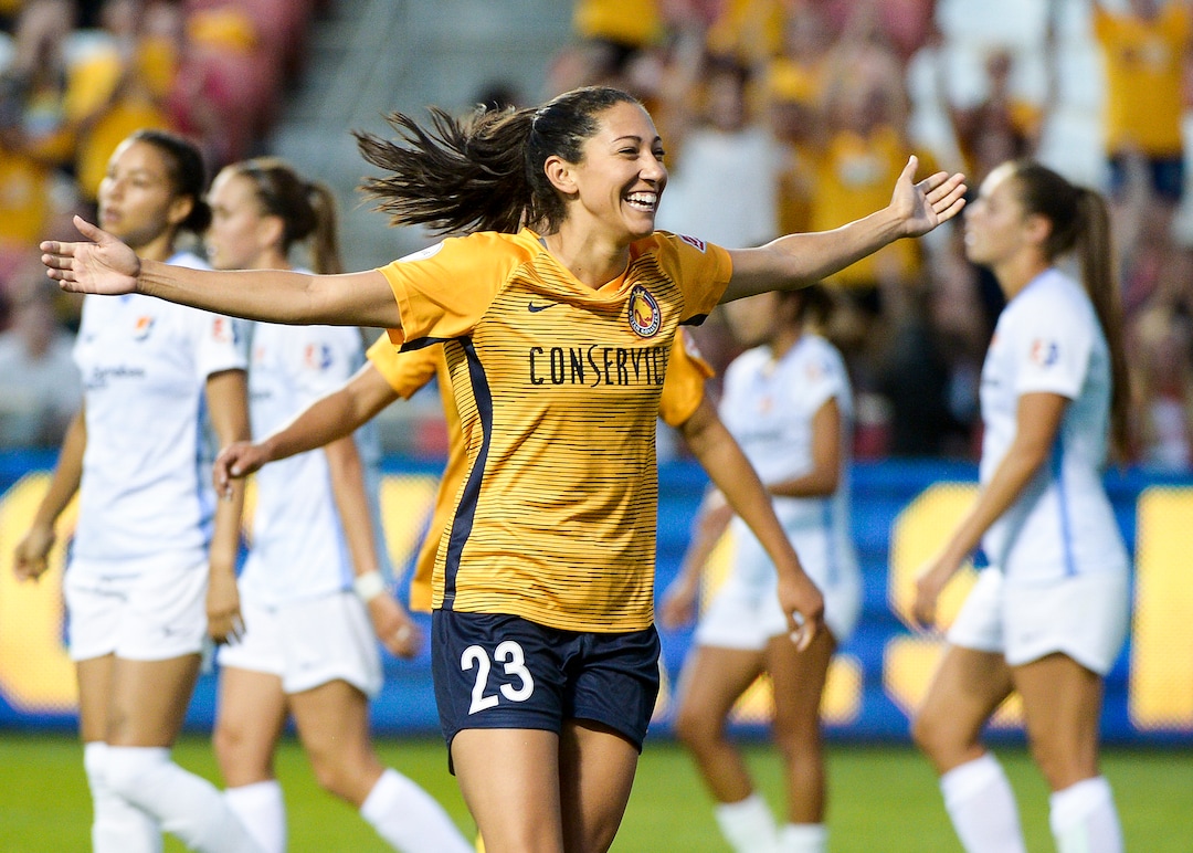 (Leah Hogsten  |  The Salt Lake Tribune) Utah Royals FC forward Christen Press (23) celebrates her second goal as the Utah Royals FC host Sky Blue FC, August 7, 2019 at Rio Tinto Stadium.
