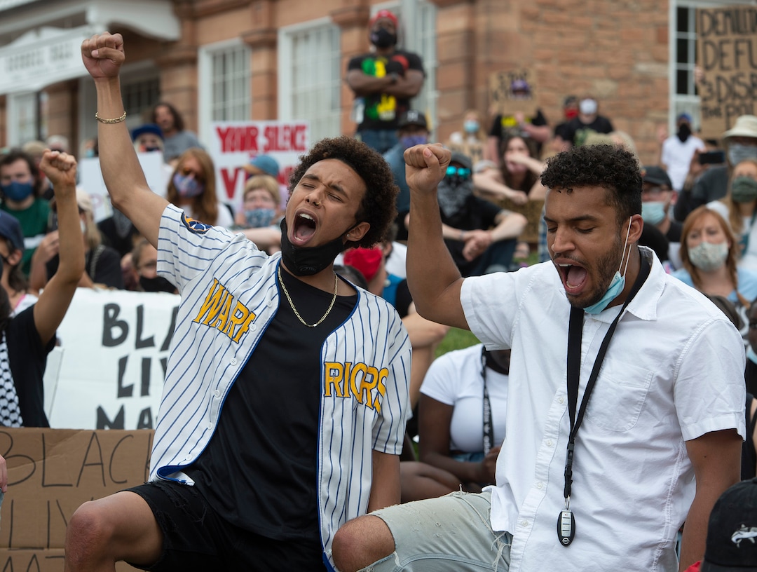 (Rick Egan  |  The Salt Lake Tribune) Protesters join in with a chant at a George Floyd demonstration across from the State Capitol, in Salt Lake City on Thursday, June 4, 2020.