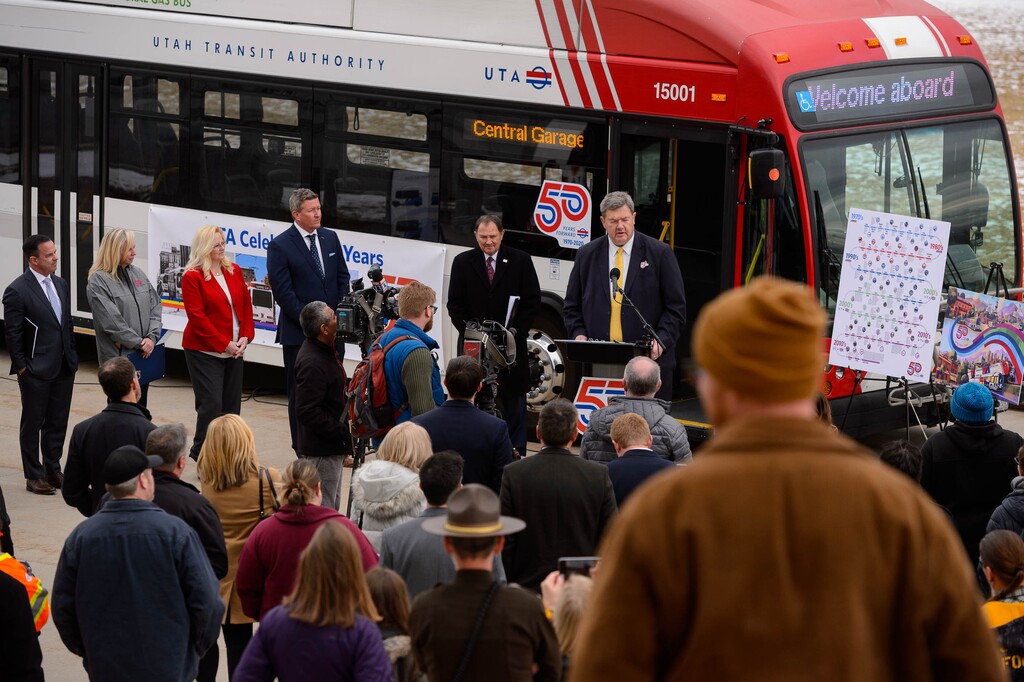 (Trent Nelson  |  The Salt Lake Tribune) Carlton Christensen speaks as UTA celebrates its 50th birthday with a news conference at the state Capitol in Salt Lake City on Tuesday, March 3, 2020.