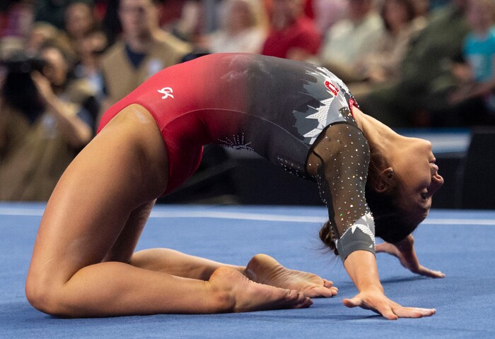 (Rick Egan  |  The Salt Lake Tribune)    Macey Roberts competes on the floor for Utah, in the PAC-12 Gymnastics Championships at the Maverik Center, Saturday, March 23, 2019.


