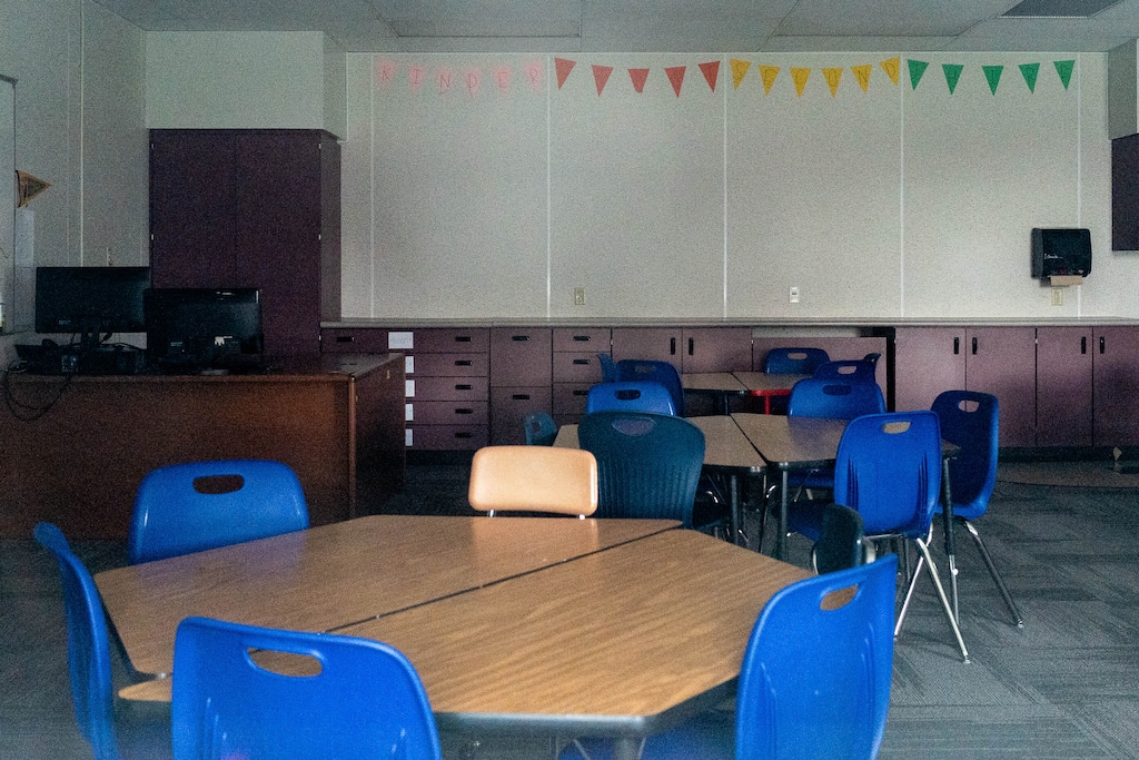 (Trent Nelson  |  The Salt Lake Tribune) An empty classroom at Parkview Elementary in Salt Lake City on Wednesday, April 1, 2020.