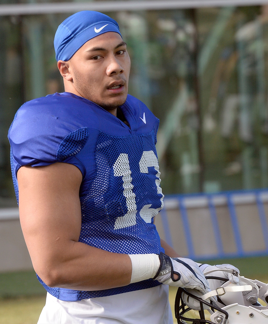 Al Hartmann  |  The Salt Lake TribuneBYU linebacker Francis Bernard is back at Spring camp practice Monday March 13 after being suspended during the Poinsettia Bowl. 
