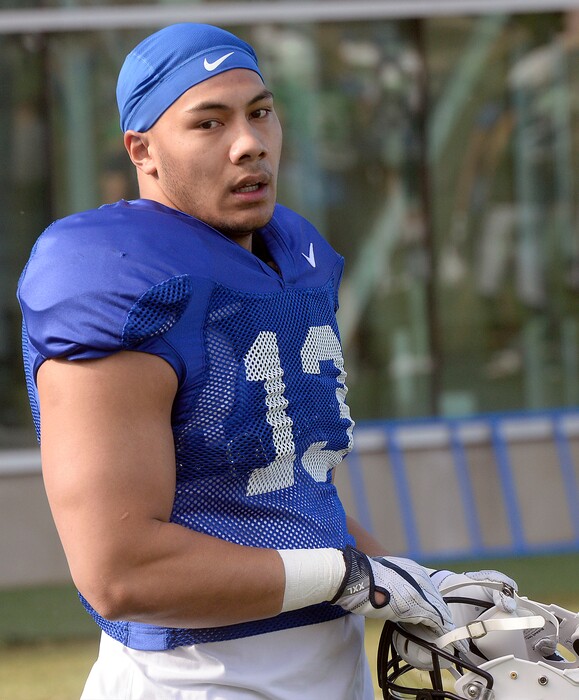 Al Hartmann  |  The Salt Lake TribuneBYU linebacker Francis Bernard is back at Spring camp practice Monday March 13 after being suspended during the Poinsettia Bowl. 