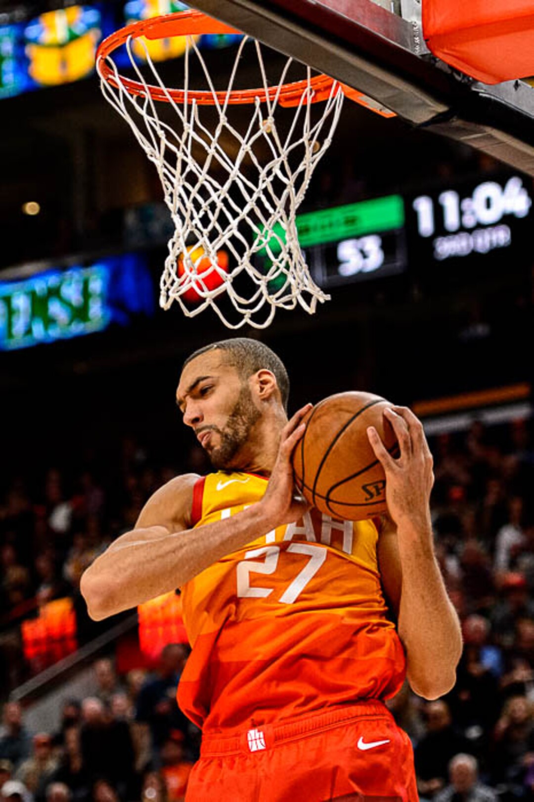 (Trent Nelson | The Salt Lake Tribune)  Utah Jazz center Rudy Gobert (27) pulls down a rebound. Utah Jazz vs. Boston Celtics, NBA basketball in Salt Lake City on Friday Nov. 9, 2018.