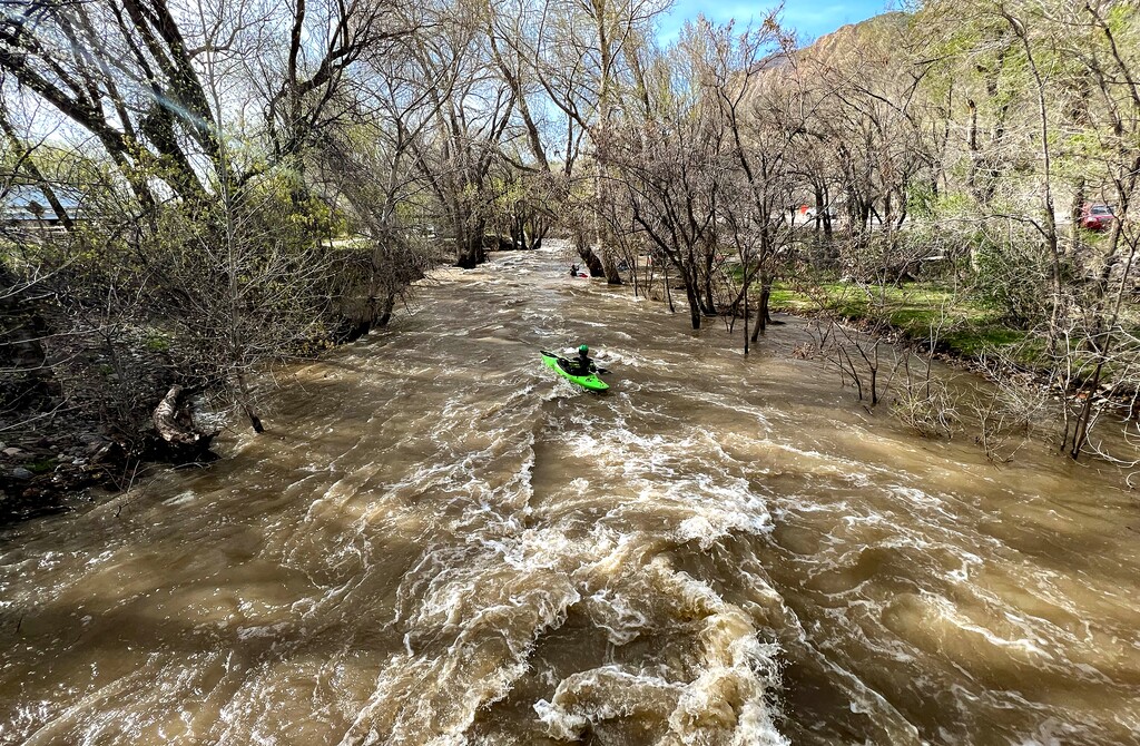 (Francisco Kjolseth | The Salt Lake Tribune) A group of kayakers navigate the high flow of the Ogden River on Tuesday, May 2, 2023.