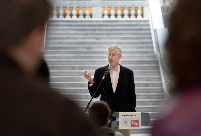 Scott Sommerdorf | The Salt Lake Tribune
Dr. Nathan Dean, a pulmonologist, speaks at the "Air...Our Voice" rally in the rotunda of the Utah State Capitol, Saturday, February, 3, 2018.