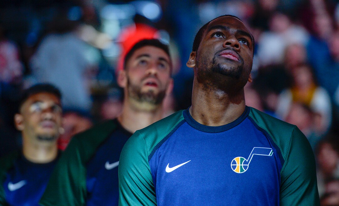 Leah Hogsten  |  The Salt Lake Tribune   Utah Jazz guard Alex Burks watches the new season's video on the jumbotron as the Utah Jazz host the Perth Wildcats, Sept. 29, 2018 at Vivint Smart Home Arena.