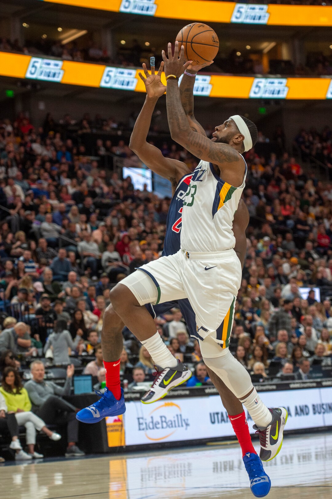 (Rick Egan  |  The Salt Lake Tribune)     Utah Jazz forward Royce O'Neale (23) takes the ball to the hoop on a fast break, in NBA action between the Utah Jazz and the Washington Wizards, in Salt Lake City, Friday, February 28, 2020