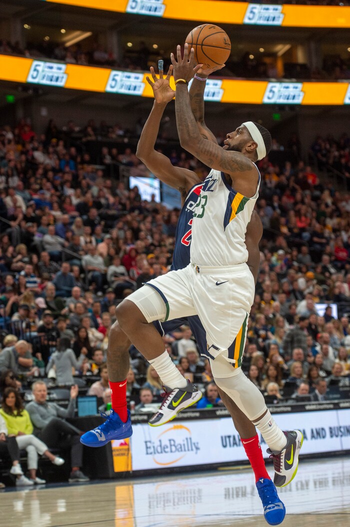 (Rick Egan  |  The Salt Lake Tribune)     Utah Jazz forward Royce O'Neale (23) takes the ball to the hoop on a fast break, in NBA action between the Utah Jazz and the Washington Wizards, in Salt Lake City, Friday, February 28, 2020