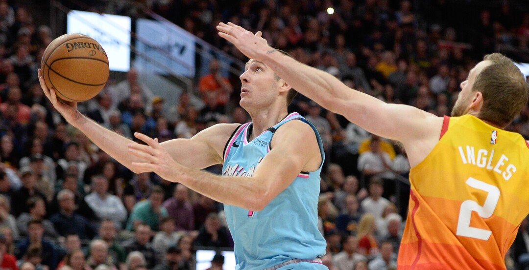 (Francisco Kjolseth  |  The Salt Lake Tribune) Miami Heat guard Goran Dragic (7) drives one past Utah Jazz guard Joe Ingles (2) as the Utah Jazz host the Miami Heat in their NBA basketball game at Vivint Smart Home Arena in Salt Lake City on Wednesday, Feb. 12, 2020.