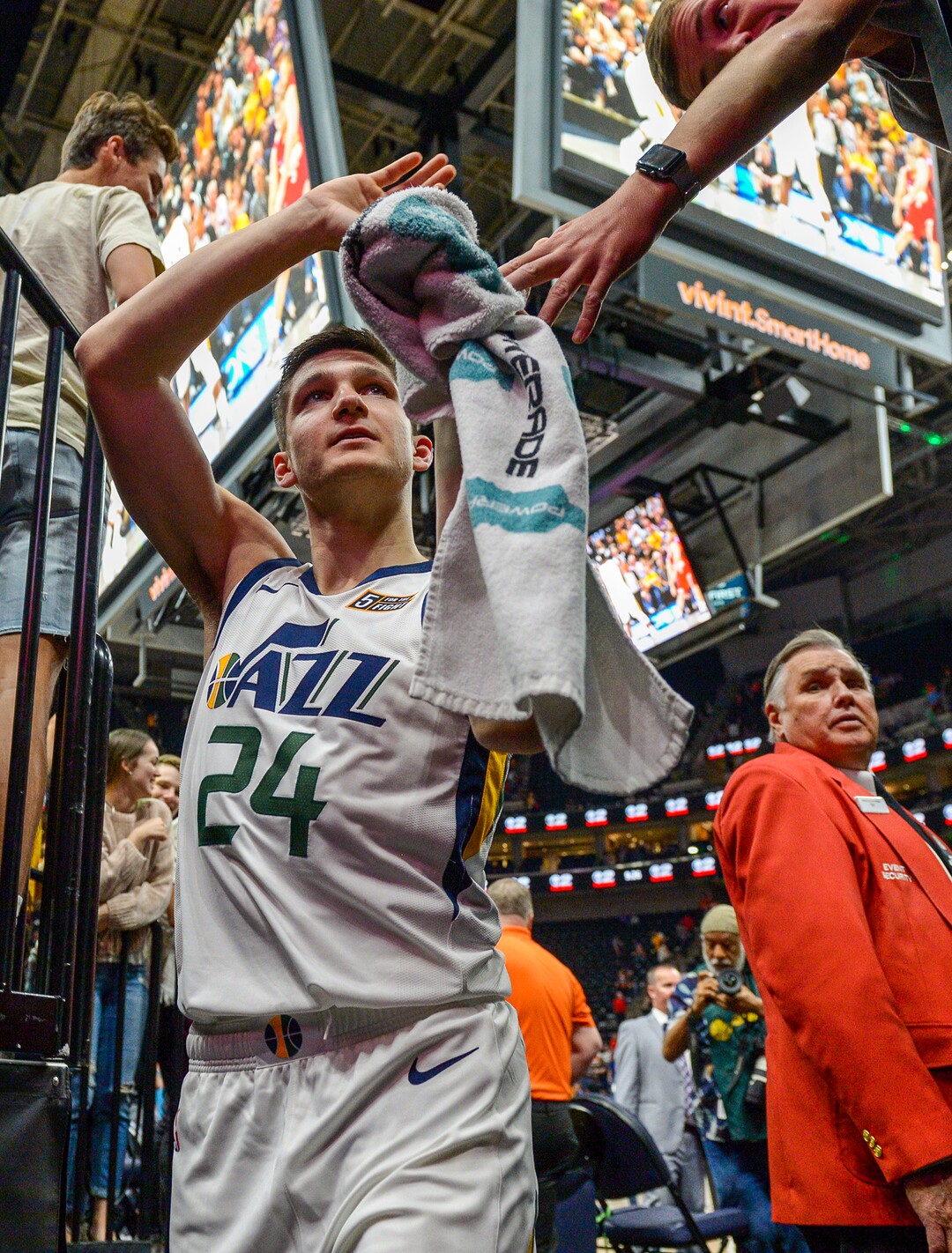 Leah Hogsten  |  The Salt Lake Tribune  Utah Jazz guard Grayson Allen (24) leaves the court with 19 points after the Utah Jazz defeated the Perth Wildcats, Sept. 29, 2018 130-72 at Vivint Smart Home Arena.