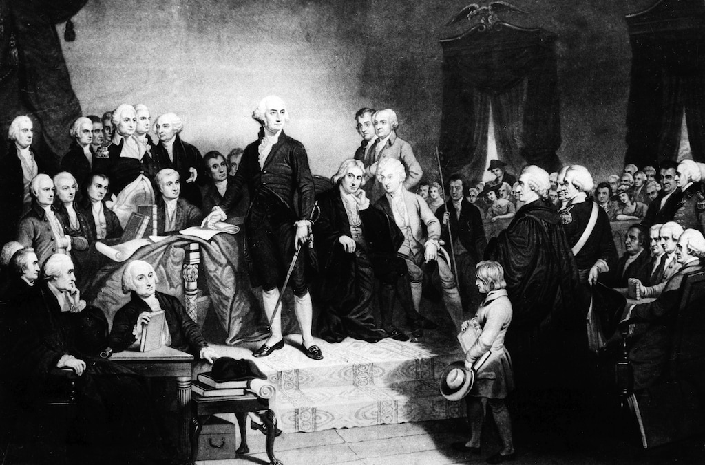 FILE - This images shows a depiction of President George Washington delivering his inaugural address in the Senate Chamber of Old Federal Hall in New York on April 30, 1789. (AP Photo, File)