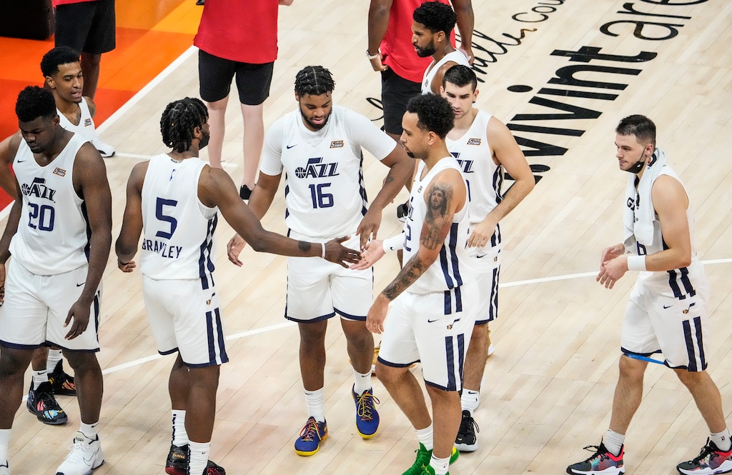 (Leah Hogsten | The Salt Lake Tribune) The Utah Jazz White team takes on the San Antonio Spurs during the Salt Lake City Summer League, Aug. 3, 2021 at Vivint Arenain Salt Lake City, Utah.