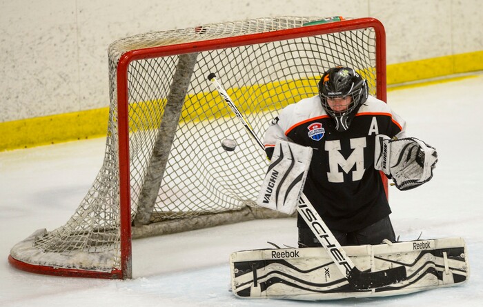 (Steve Griffin  |  The Salt Lake Tribune) Murray goalie Michael Richins deflects the puck during the Division 1 ice hockey state title game against Viewmont at the Salt Lake City Sports Complex in Salt Lake City Tuesday Feb. 20, 2018.