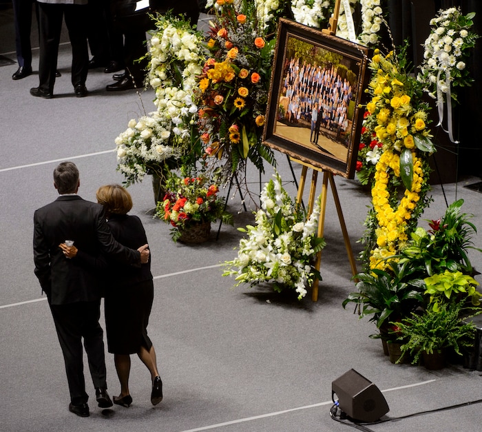 (Steve Griffin  |  The Salt Lake Tribune)  Karen Huntsman walks with her son Jon Huntsman Jr. prior to funeral services for Jon Huntsman Sr. at the Huntsman Center on the University of Utah campus in Salt Lake City Saturday February 10, 2018.