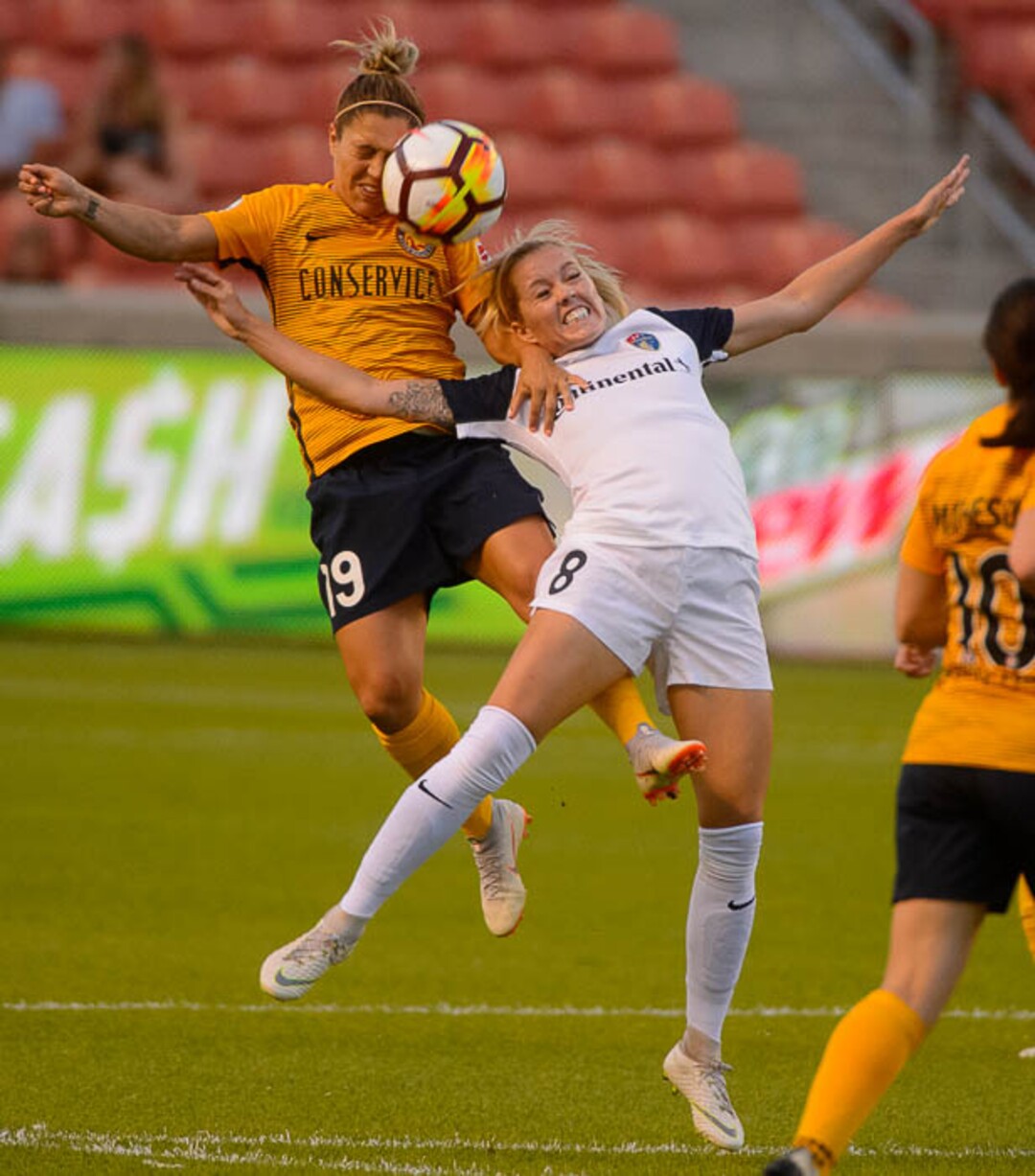 (Trent Nelson | The Salt Lake Tribune)  Utah Royals FC host North Carolina Courage, NWSL soccer at Rio Tinto Stadium in Sandy, Friday July 20, 2018. Utah Royals FC midfielder Katrina Gorry (19) and North Carolina Courage midfielder Denise O'Sullivan (8).