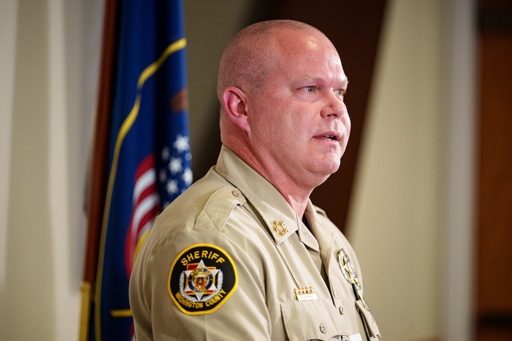 (Trent Nelson  |  The Salt Lake Tribune) Washington County Sheriff Nate Brooksby describes the surrender of Tyler Robinson at a news conference in Hurricane on Wednesday, Sept. 17, 2025.