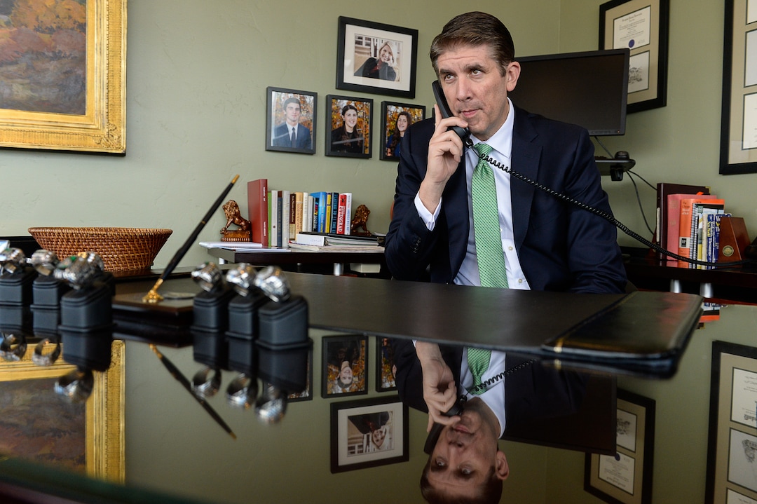 (Francisco Kjolseth  |  The Salt Lake Tribune)  Utah Valley University President Matthew S. Holland takes a news radio interview on Monday, Nov. 6, 2017, following his announced calling as an LDS mission president. Holland's last day as UVU president will be in early June of 2018. 