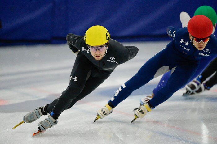 (Francisco Kjolseth  |  The Salt Lake Tribune) Ryan Pivirotto, left, competes in the 2000 meter mixed semifinal relay race as part of the U.S. Short Track Speedskating championships on Friday, Jan. 3, 2020, at the Utah Olympic Oval in Kearns.