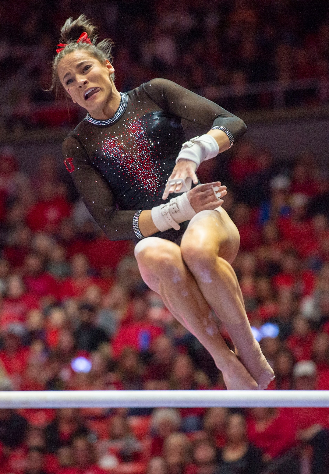 (Rick Egan  |  The Salt Lake Tribune)   Missy Reinstadtler competes on the uneven bars, in PAC-12 gymnastics action between the UCLA Bruins and the University of Utah, at the Jon M. Huntsman Center, Saturday, Feb. 23, 2019.