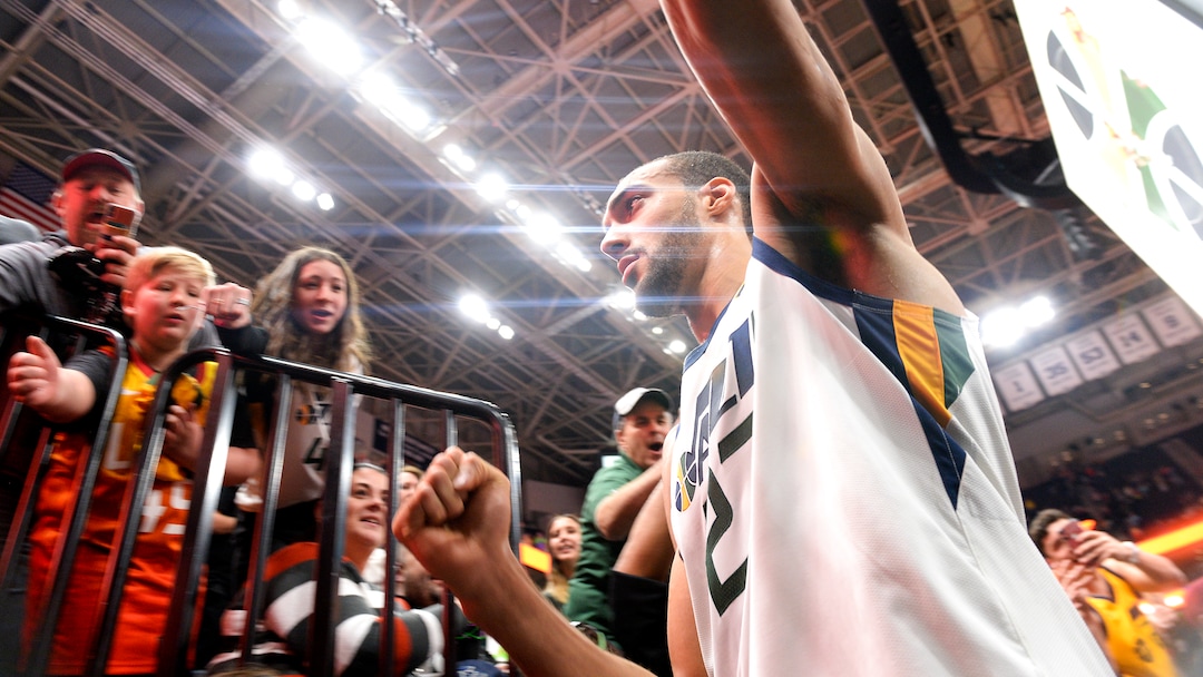 Leah Hogsten  |  The Salt Lake Tribune   Utah Jazz center Rudy Gobert (27) celebrates the win. The Utah Jazz defeated the Atlanta Hawks, 128-112  at Vivint Smart Home Arena, Feb. 1, 2019. 
