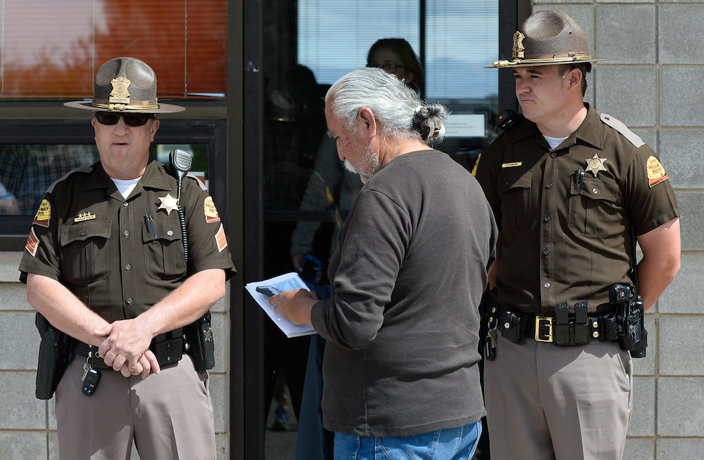 Francisco Kjolseth | The Salt Lake Tribune
Willie Grayeyes, board chairman of the Navajo grass-roots Utah Dine Bikeyah, is denied entry by Utah Highway Patrol to meet with Interior Secretary Ryan Zinke after arriving at the Blanding airport on Monday, May 8, 2017, for an aerial tour of the recently designated Bears Ears National Monument in southeastern Utah.