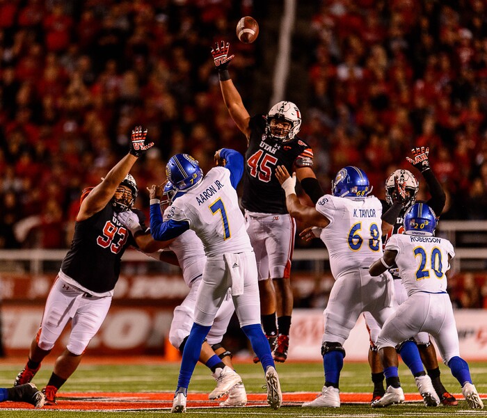 (Trent Nelson | The Salt Lake Tribune) Utah Utes defensive tackle Lowell Lotulelei (93) and Utah Utes defensive tackle Filipo Mokofisi (45) leap up after a pass by San Jose State Spartans quarterback Montel Aaron (7) as the Utah Utes host the San Jose State Spartans, NCAA football at Rice-Eccles Stadium in Salt Lake City, Saturday September 16, 2017.