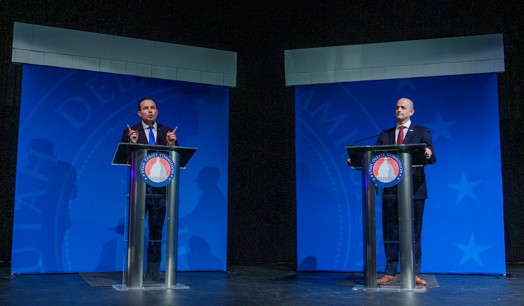 (Leah Hogsten | The Salt Lake Tribune) From left, Sen. Mike Lee and independent challenger Evan McMullin participate in a debate ahead of the election for U.S. Senate at Utah Valley University, Wednesday, Oct. 17, 2022.